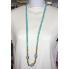 Turquoise and Gold Kumi Necklace Kumihimo weave necklace in turquoise and gold kazuri ceramic magnetic clasp
