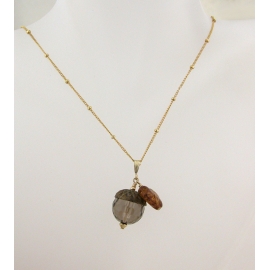 Handmade necklace with faceted smoky quartz acorn topaz glass leaf gold fill