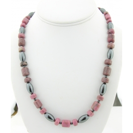 Metallic Pink Necklace Handmade necklace metallic hematite, pink, black rhodonite gemstones sterling