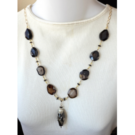 Handmade necklace brown black cream artisan lampwork black agate druzy gold fill