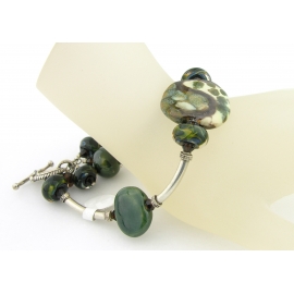 Handmade green and brown bracelet artisan lampwork Kazuri beads sterling silver