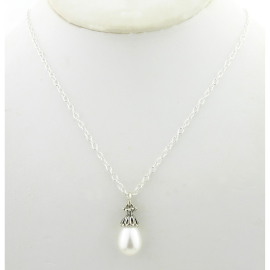 White Lattice Pearl Drop Necklace Artisan made sterling lattice petaled pendant & AAA 11mm white freshwater pearl