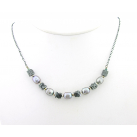 Artisan made black silver sterling silver necklace hematite freshwater pearls