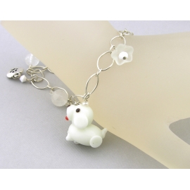 White Dog and Quartz Charm Bracelet Handmade dog charm bracelet in white sterling silver crystal quartz flower heart