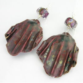 Artisan made organic fold formed copper lampwork red blue raku earrings