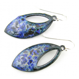 blue, white, green red enamel on copper drop earrings sterling silver