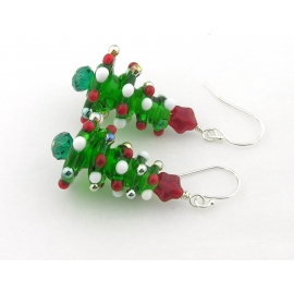 Handmade Christmas tree earrings with lampwork Swarovski crystals star sterling