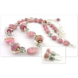 Handmade necklace and earrings set with pink rhodochrosite lampwork sterling