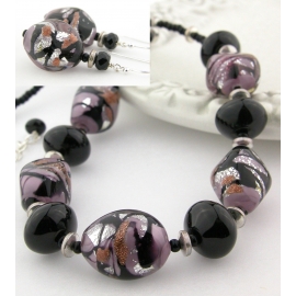 Handmade necklace earrings set with black purple Venetian bead onyx  sterling