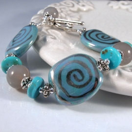Clouds Over The Ocean Bracelet Handmade bracelet grey agate gemstone turquoise kazuri ceramic sterling silver