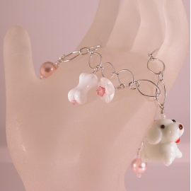 Handmade dog charm bracelet in white pink sterling silver crystal glass pearl