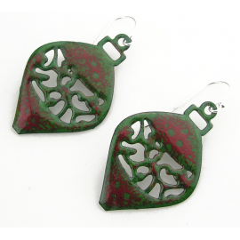 Artisan made red and green enamel on copper filigree ornament earrings