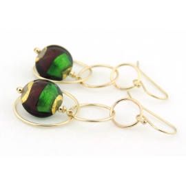 Venetian Christmas Earrings Artisan made red green gold earrings with Venetian beads and gold rings