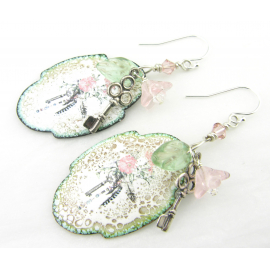 pink green bouquet on ivory beige enamel on copper, boho earrings sterling