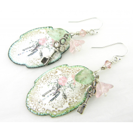 Vintage Boho Boquet Earrings pink green bouquet on ivory beige enamel on copper, boho earrings sterling