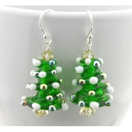 Handmade Christmas tree earrings with lampwork Swarovski crystals sterling