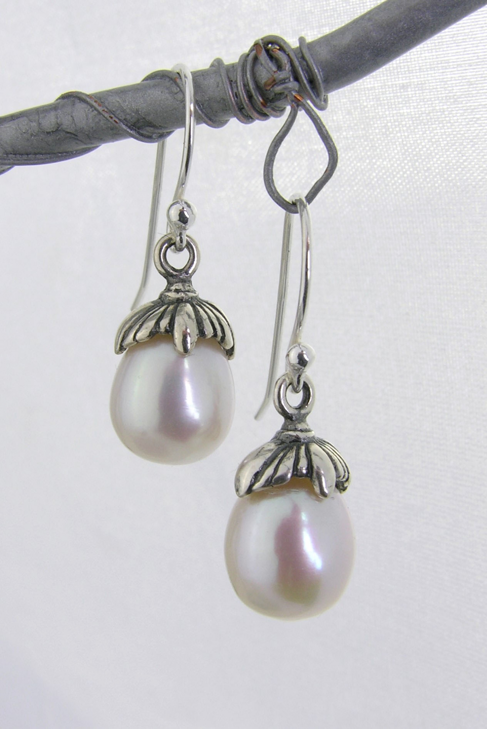 White Pearl Petals Drops Earrings - white freshwater pearl dangle drop ...