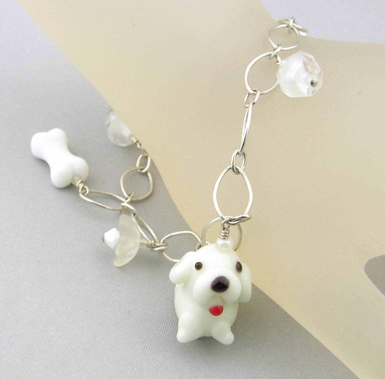 White Dog and Vintage Crystals Charm Bracelet - handmade artisan