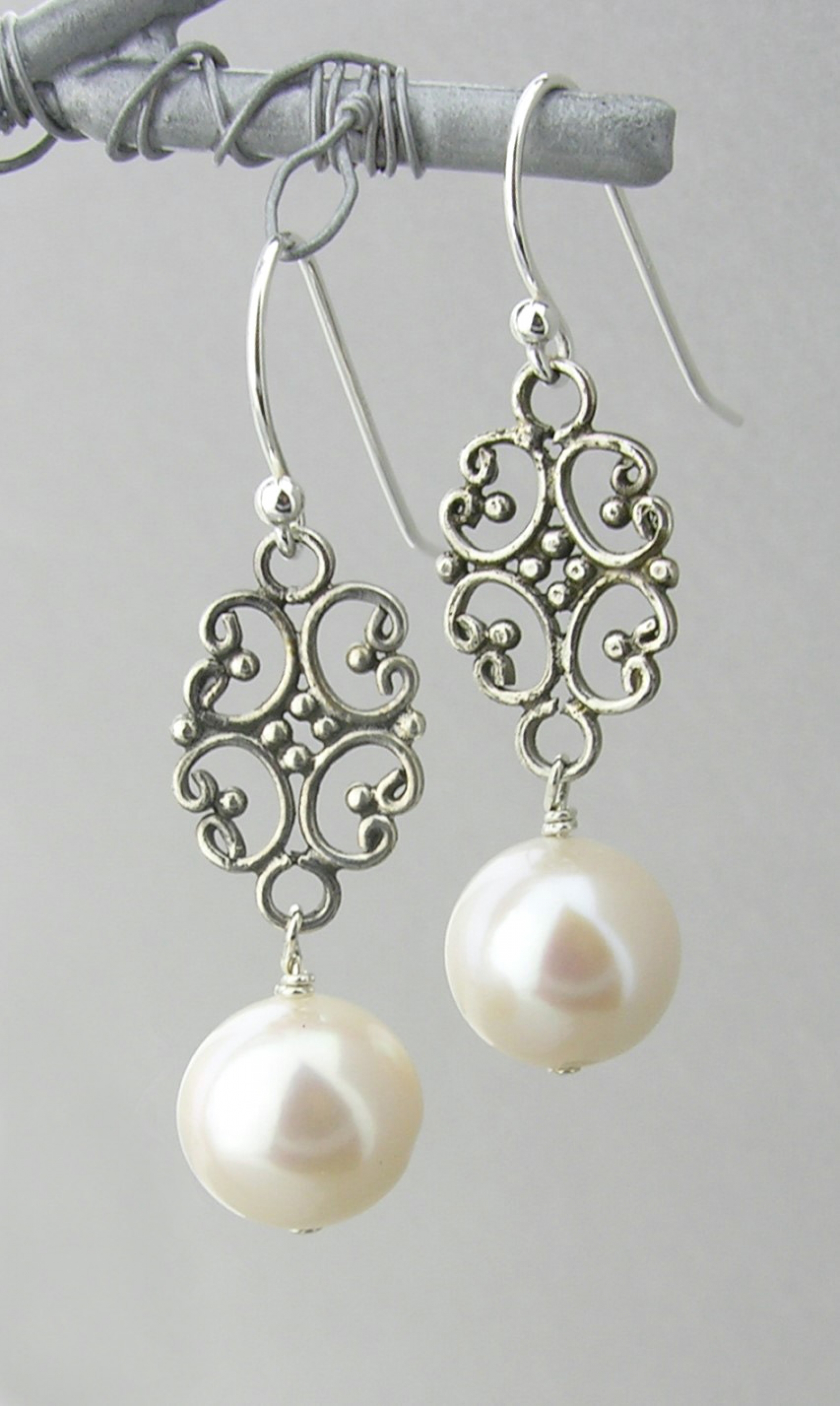 Filigree Pearl Drop Earrings - white freshwater pearl dangle drop
