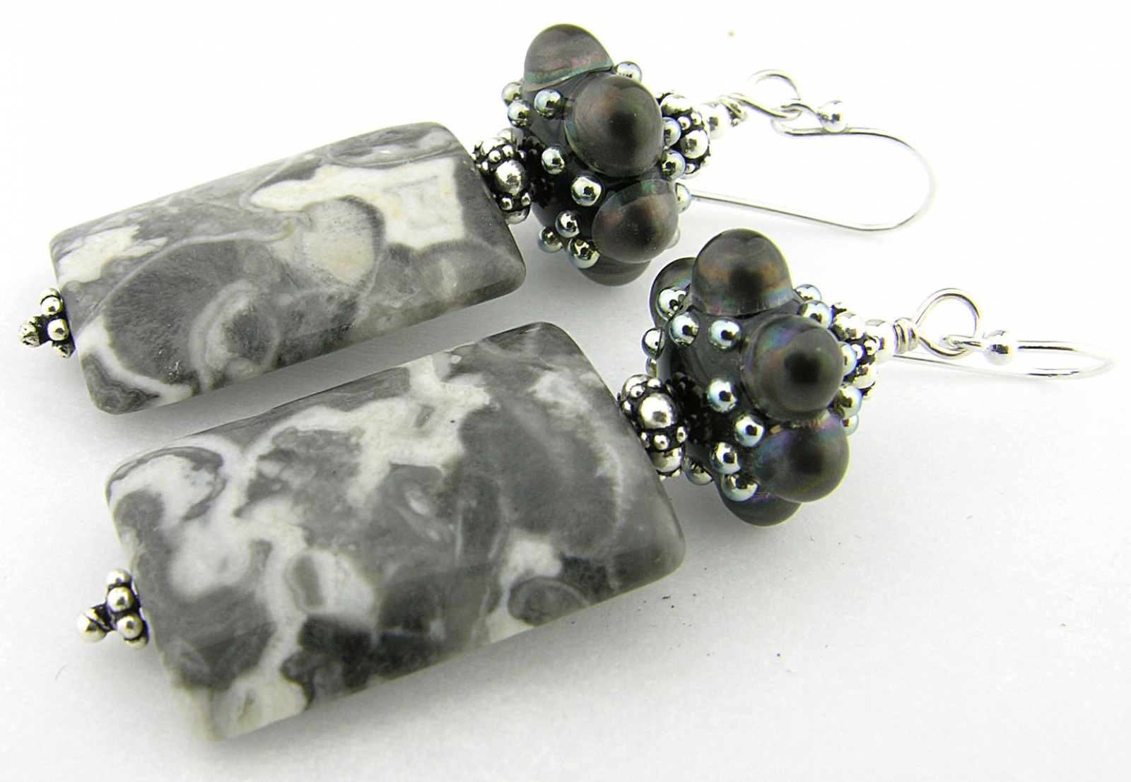 Jewelled Granite Earrings - handmade artisan Alaska granite grey gray black  white dots sterling silver srajd cserpentDesigns