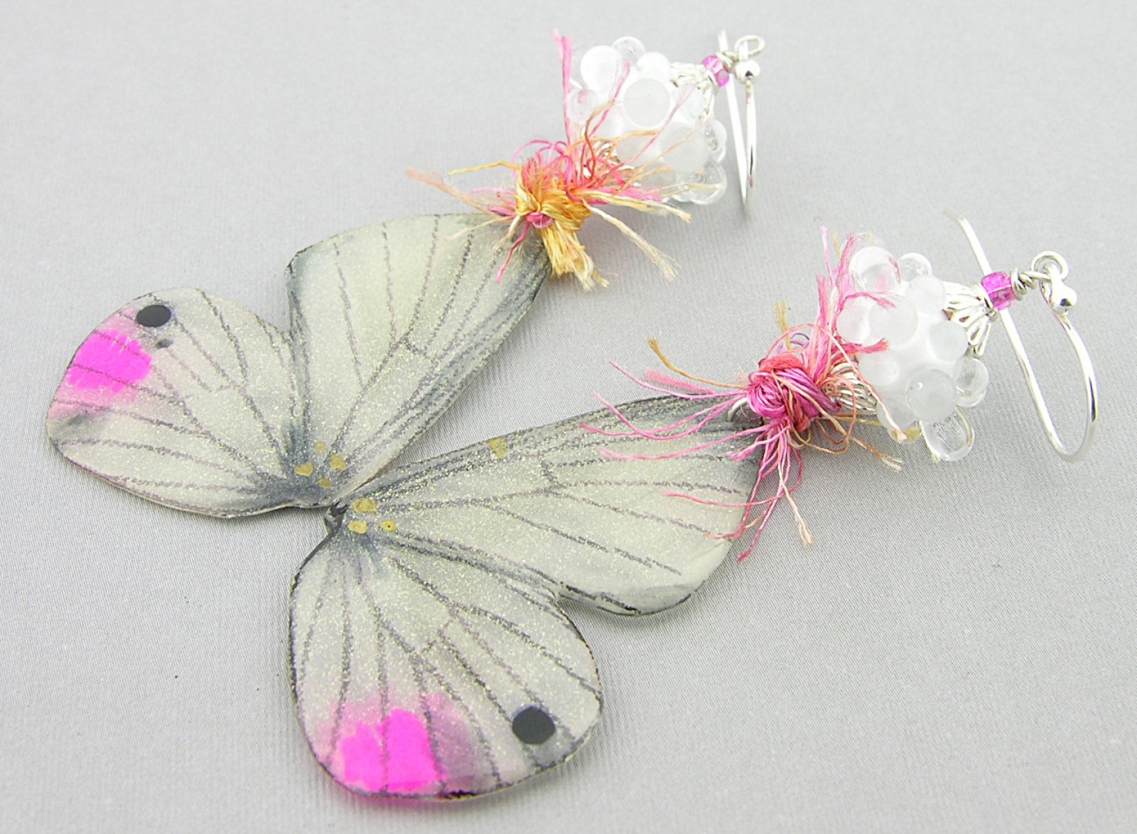 Touch of Pink Butterfly Earrings - handmade artisan white lampwork  butterfly wings pink sterling silver srajd cserpentDesigns