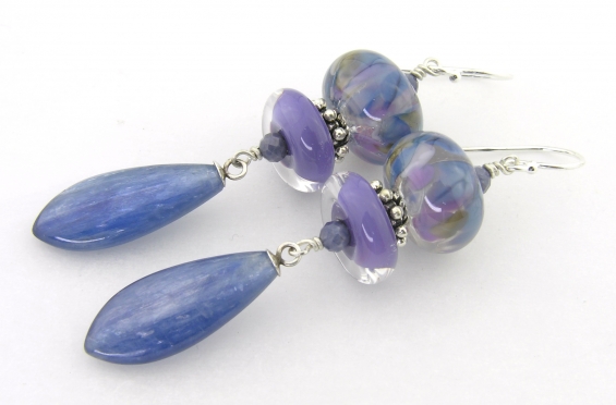 Field of Lavendar and Blue Earrings - handmade artisan lampwork sterling silver kyanite gemstone sapphire light blue lavender dangle srajd cserpentDesigns