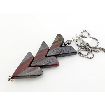 Iron Points Necklace - tiger iron hematite gemstone green red brown black artisan sterling silver point arrow