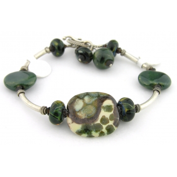 Deep In The Forest Bracelet - dark green artisan lampwork, sterling silver, ivory, brown, Kazuri ceramic, srajd, cserpentDesigns Deep In The Forest Bracelet - dark green artisan lampwork, sterling silver, ivory, brown, Kazuri ceramic, srajd, cserpentDesigns