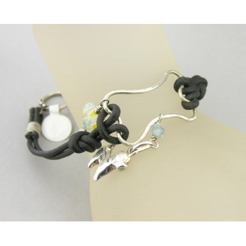 Wire Dog Bone and Leather Bracelet - handmade artisan black leather heart aquamarine sterling silver srajd cserpentDesigns