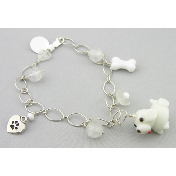 White Dog and Quartz Charm Bracelet - handmade artisan white dog bone glass flower heart Swarovski crystals quartz sterling silver srajd cserpentDesigns