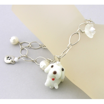 White Dog and Pearls Charm Bracelet - handmade artisan white dog bone glass flower heart Swarovski crystals sterling silver srajd cserpentDesigns