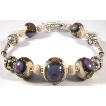 Organic Purple Bracelet - purple ivory brown bracelet with artisan lampwork river stone gemstone and sterling silver srajd cserpentDesigns