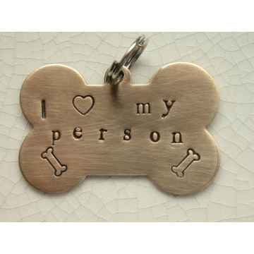 I love my person brass handstamped dog bone tag - handmade artisan srajd cserpentDesigns