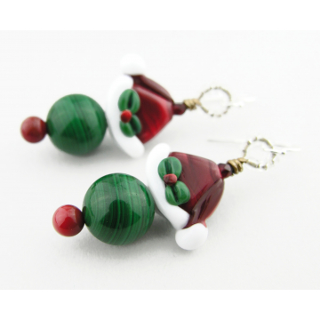 Merry Malachite Earrings - handmade artisan santa hat red green white lampwork malachite gemstone sterling silver srajd cserpentDesigns