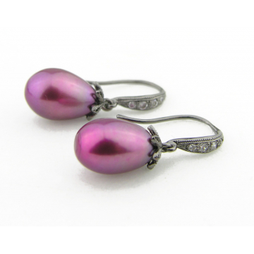 Cranberry Noir Earrings - dyed cranberry purple freshwater pearl dangle black sterling silver handmade artisan srajd