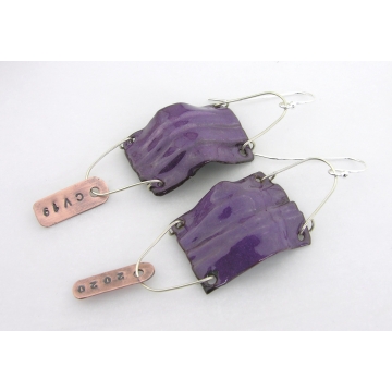 Small Medical Mask Earrings - handmade artisan copper aqua blue purple enamel fold formed surgical covid doctor nurse srajd dangle