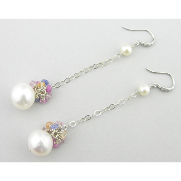 Sapphires and Pearls Earrings - white freshwater pearls multi-color sapphires chain handmade artisan srajd