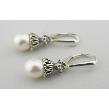White Lattice Pearl Drops Earrings - white freshwater pearl dangle drop sterling silver handmade artisan srajd