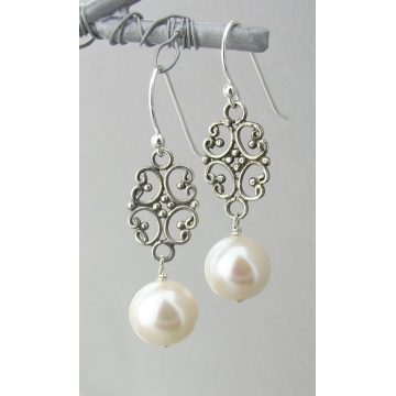 Filigree Pearl Drop Earrings - white freshwater pearl dangle drop sterling silver filigree handmade artisan srajd cserpentDesigns