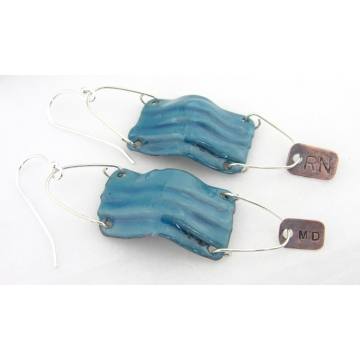 Medical Mask Earrings - handmade artisan copper aqua blue purple enamel fold formed surgical covid doctor nurse srajd dangle