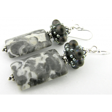 Jewelled Granite Earrings - handmade artisan Alaska granite grey gray black white dots sterling silver srajd cserpentDesigns