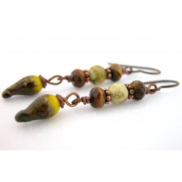 Earthy Yellow Earrings - handmade artisan yellow brown lampwork tiger eye yellow turquoise gemstones copper srajd cserpentDesigns