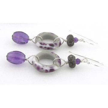 Rustic and Refined Earrings - handmade artisan lampwork sterling silver purple white grey amethyst gemstones fossil dinosaur bone srajd cserpentDesigns february birthstone Rustic and Refined Earrings - handmade artisan lampwork sterling silver purple white grey amethyst gemstones fossil dinosaur bone srajd cserpentDesigns february birthstone