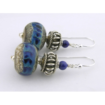 Lapis Ribbon Earrings - handmade artisan lampwork blue lapis gemstone sterling silver dangle srajd cserpentDesigns