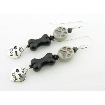 Paw Prints Earrings - handmade artisan sterling silver black glass bone grey dog love dangle srajd cserpentDesigns