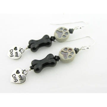 Paw Prints Earrings - handmade artisan sterling silver black glass bone grey dog love dangle srajd cserpentDesigns Paw Prints Earrings - handmade artisan sterling silver black glass bone grey dog love dangle srajd cserpentDesigns