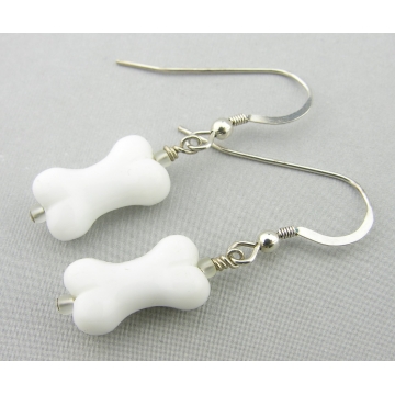 White Bone Earrings - white glass bone dangle drop sterling silver handmade artisan srajd cserpentDesigns