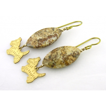 Picture Jasper and Pooch Earrings - gold white beige brass westie scottie dog gemstone dangle lampwork artisan gold fill srajd cserpentDesigns