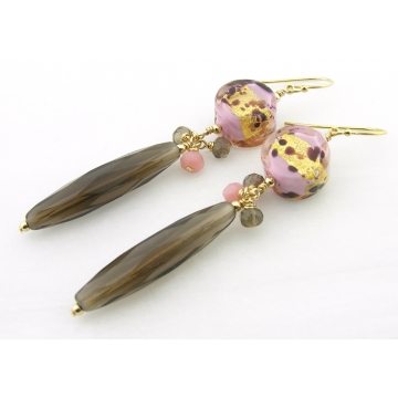 Golden Neopolitan Earrings - gold filled pink venetian smoky quartz pink opal gemstone handmade srajd cserpentDesigns