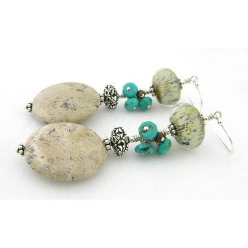 Unearthed Earrings - fossil coral Petoskey stone gemstone artisan ivory lampwork gray turquoise bronzite sterling silver dangle cserpentDesigns srajd